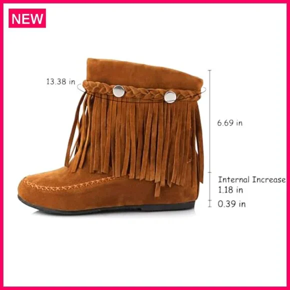 Suede Tassel Ankle Boots Hidden Wedge Heel Western Booties Slip On